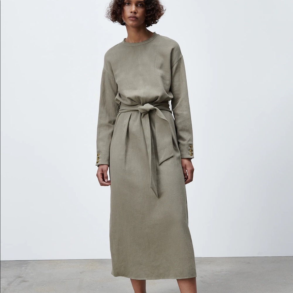Zara LINEN BLEND MIDI DRESS w/ Tie Belt Green NEW - Picture 3 of 9
